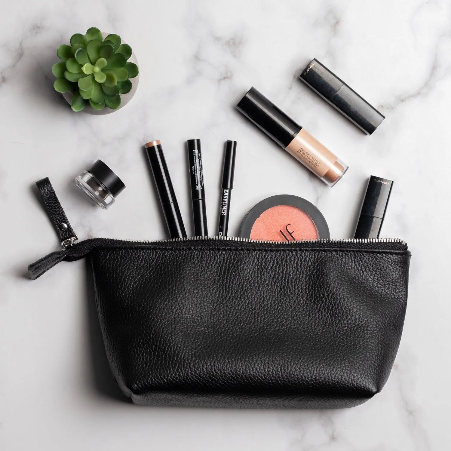 Full grain Leather Makeup Bag - Allure | Graini Black - Skin and Skin