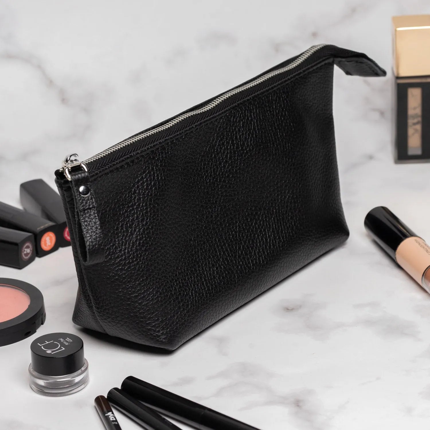 Full grain Leather Makeup Bag - Allure | Graini Black - Skin and Skin