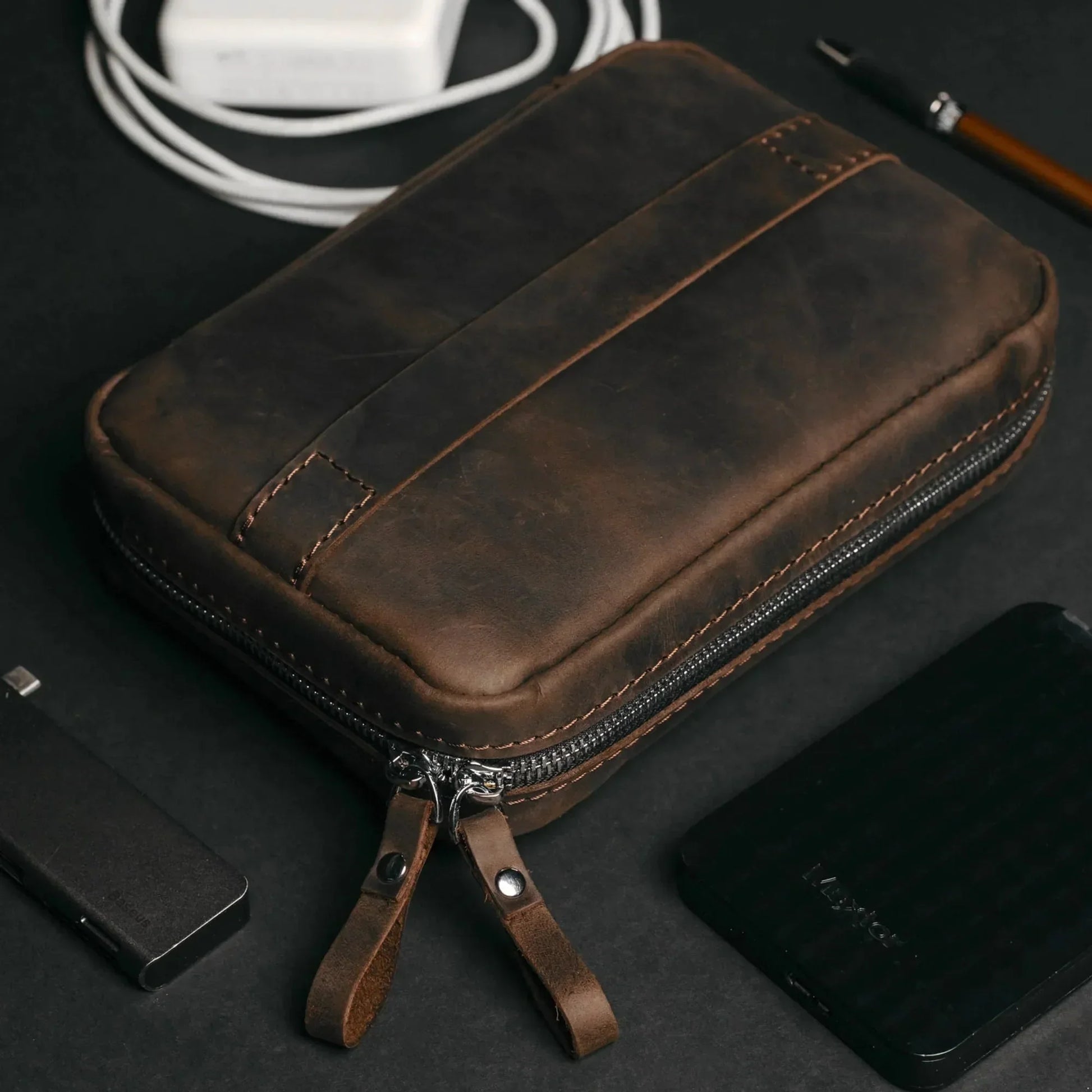 Leather Organizer for Cables & Tech | Chocolate Brown - Skin and Skin