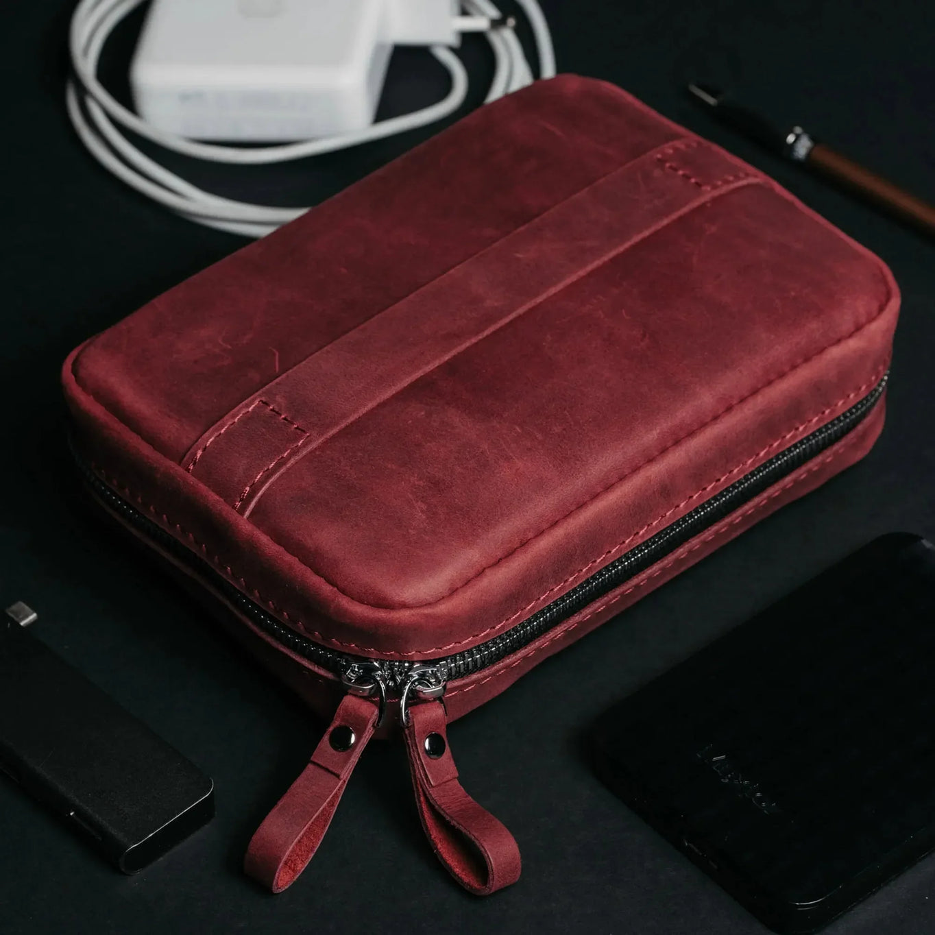 Leather Organizer for Cables & Tech | Burgundy - Skin and Skin