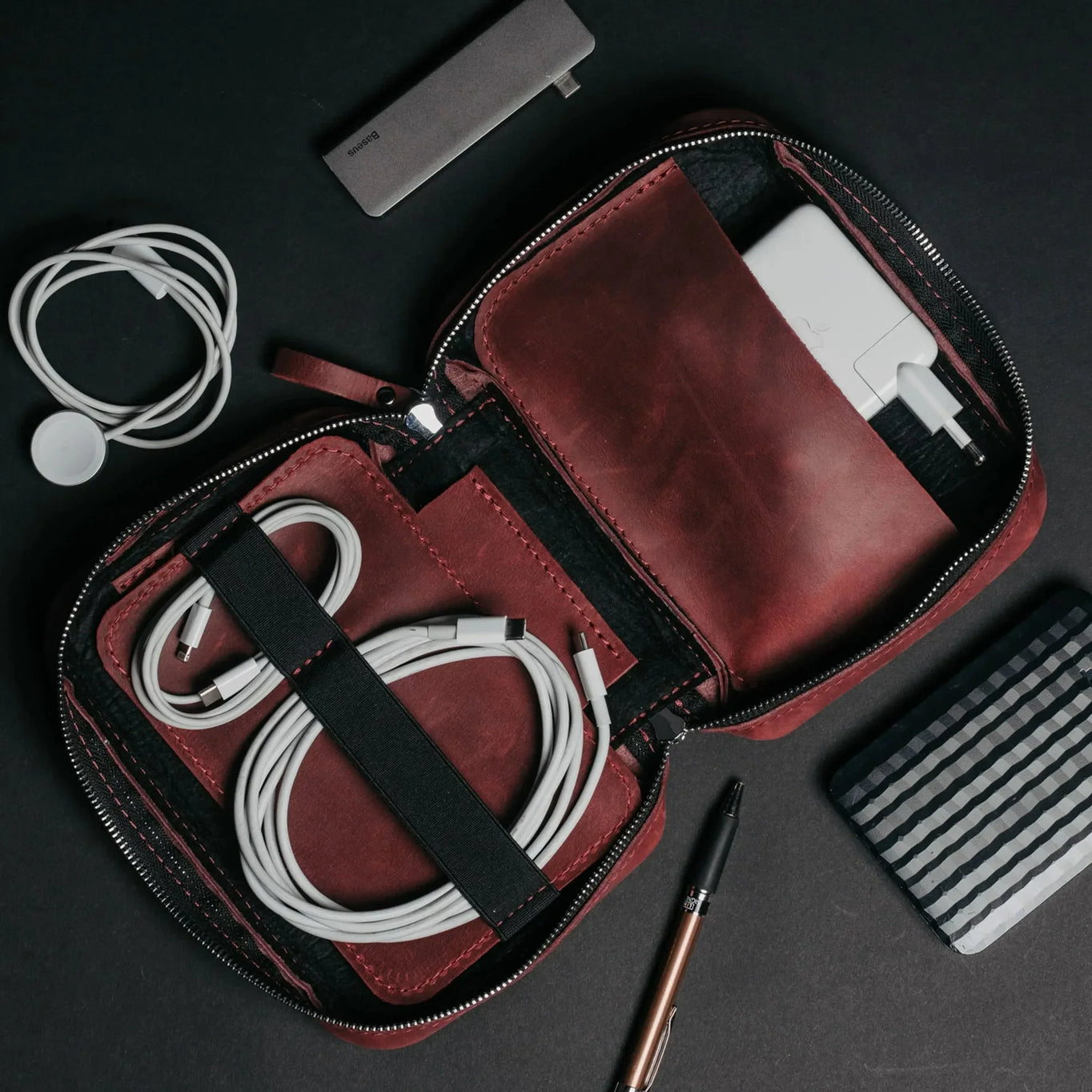 Leather Organizer for Cables & Tech | Burgundy - Skin and Skin