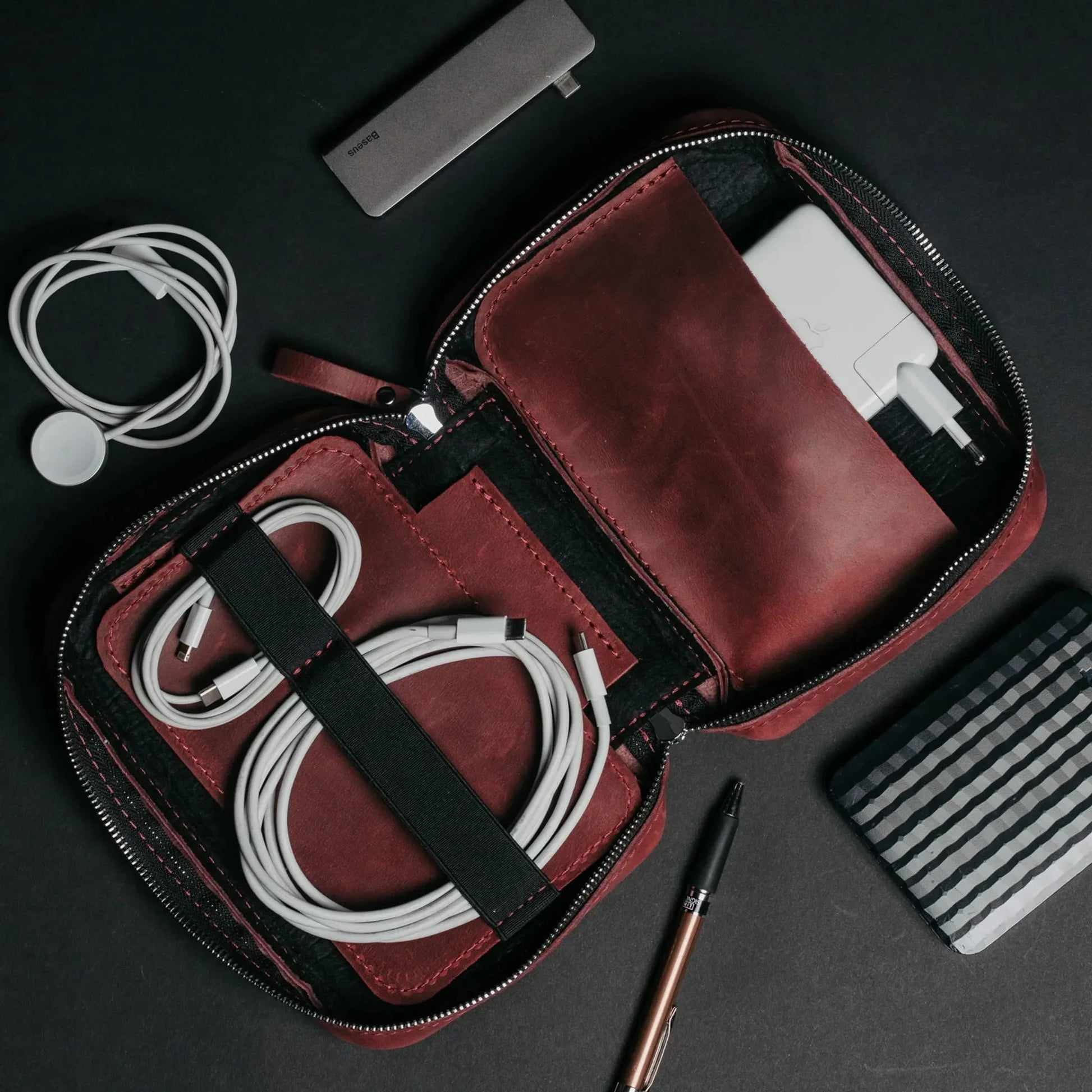 Leather Organizer for Cables & Tech | Burgundy - Skin and Skin