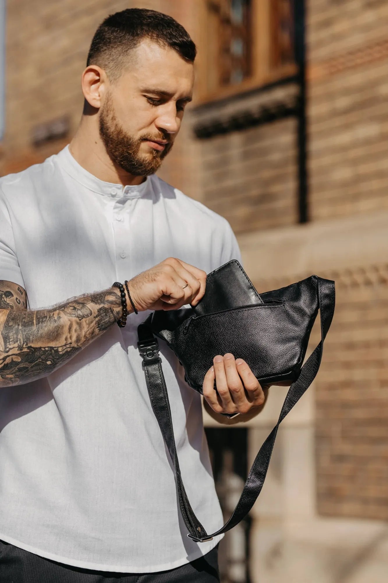 Leather Waist Bag with Zipper | Grainy Black - Skin and Skin