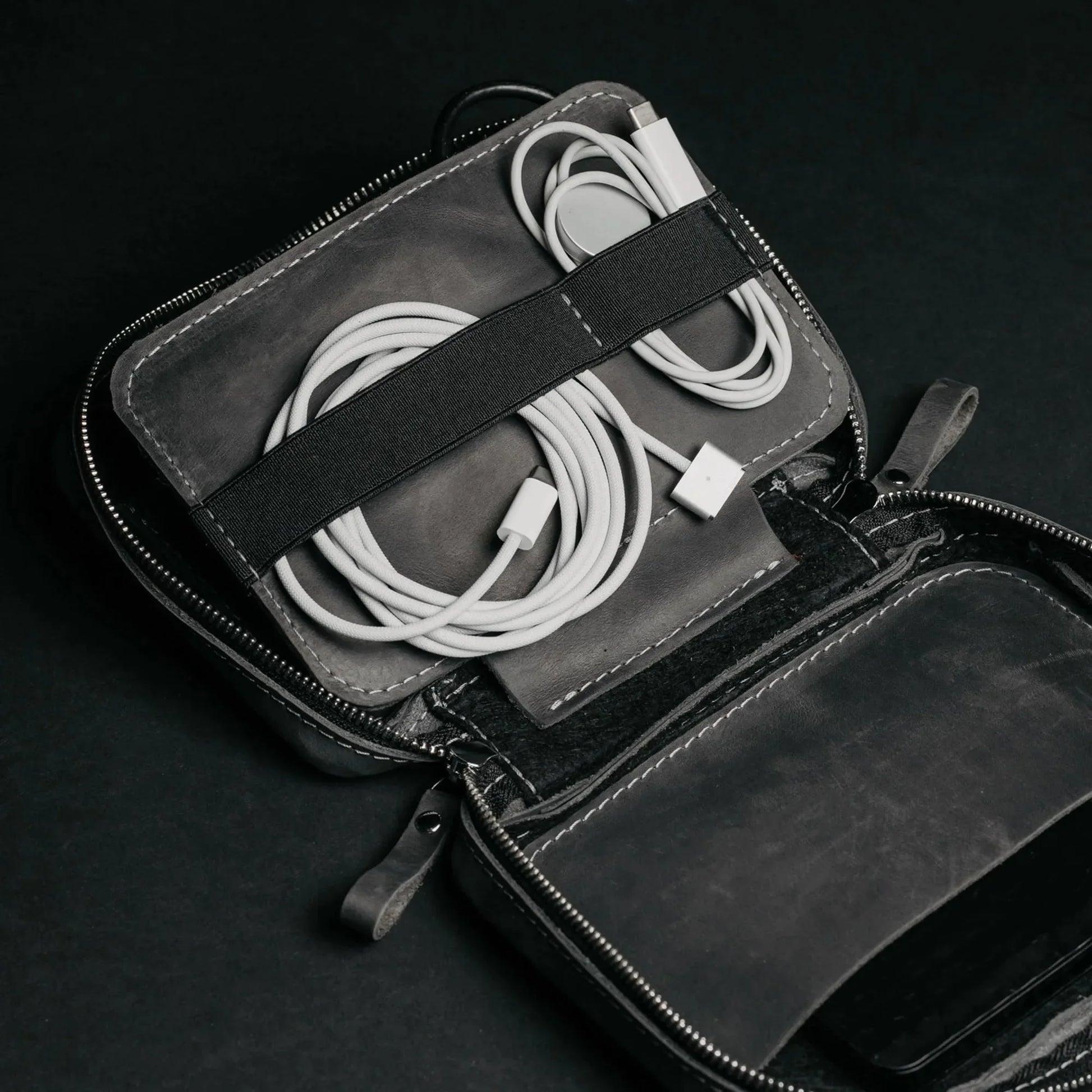 Leather Organizer for Cables & Tech | Smoky Grey - Skin and Skin