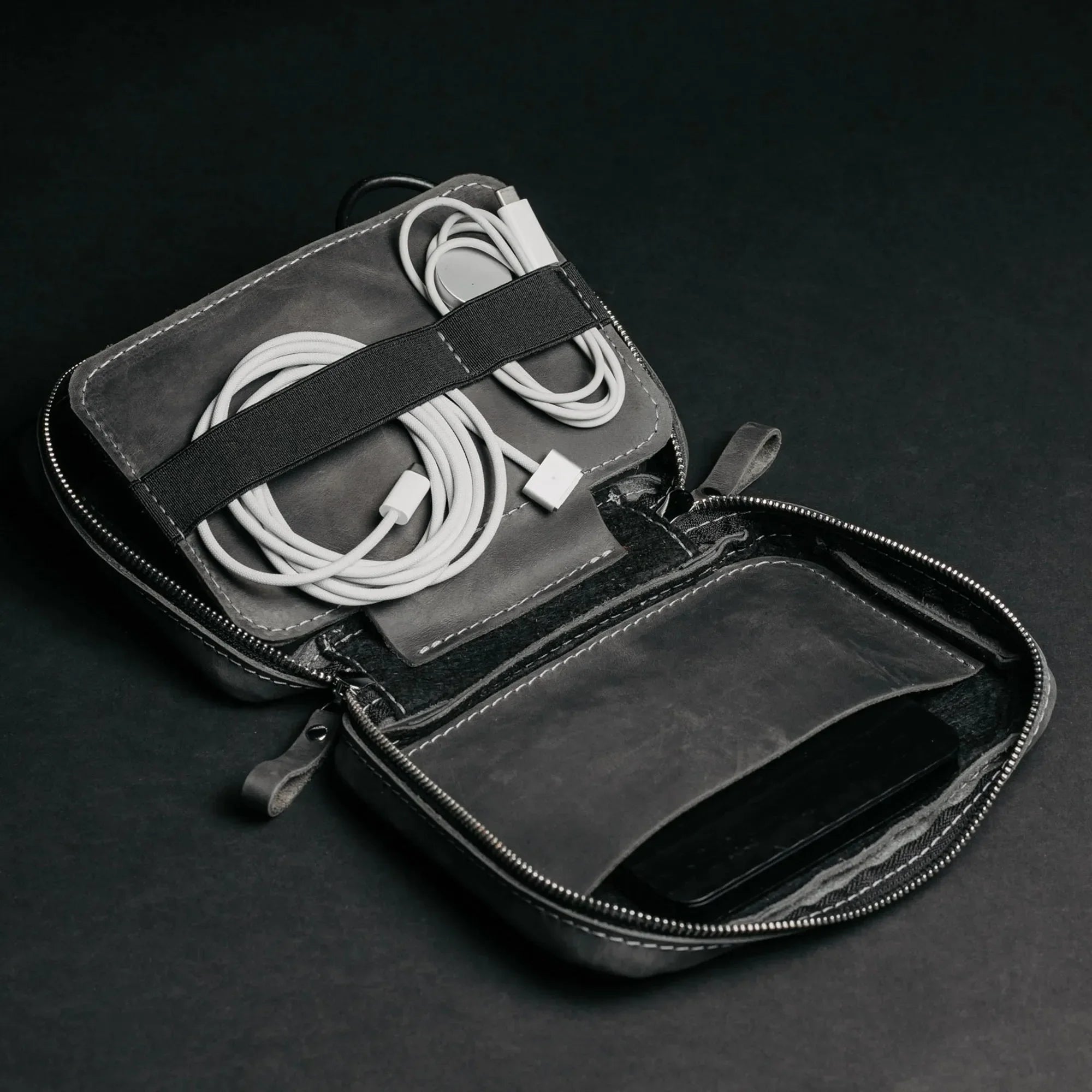Leather Organizer for Cables & Tech | Smoky Grey - Skin and Skin