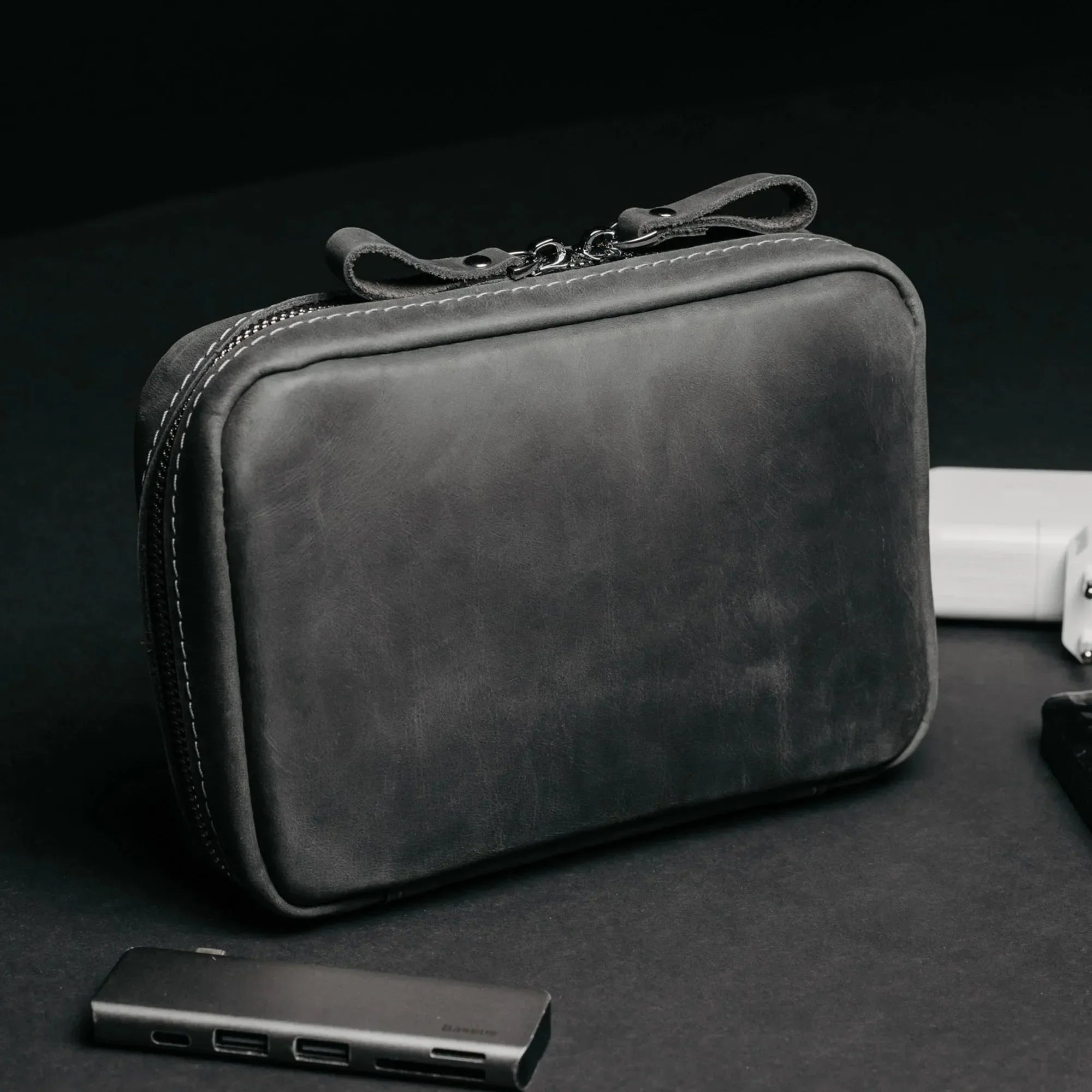 Leather Organizer for Cables & Tech | Smoky Grey - Skin and Skin