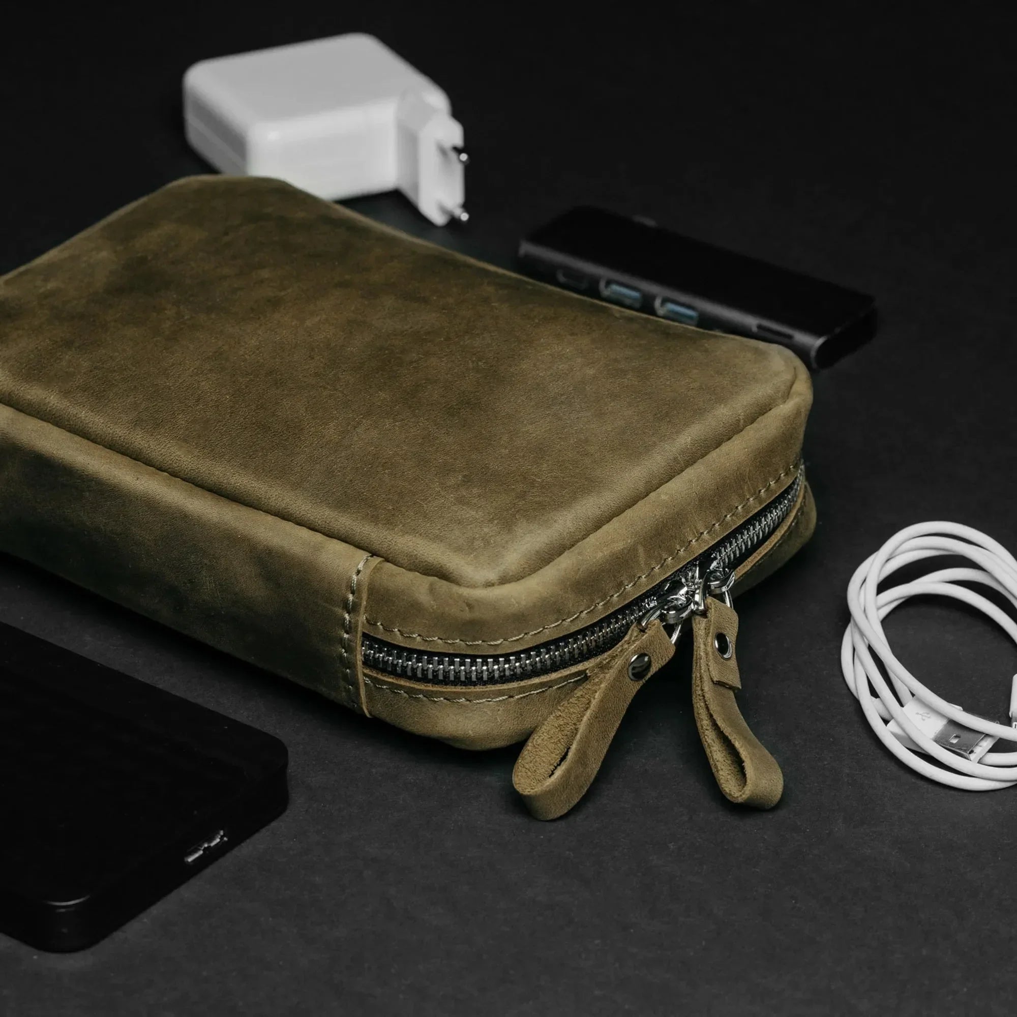 Organizer for Cables & Tech with Zip Closure | Olive Green - Skin and Skin