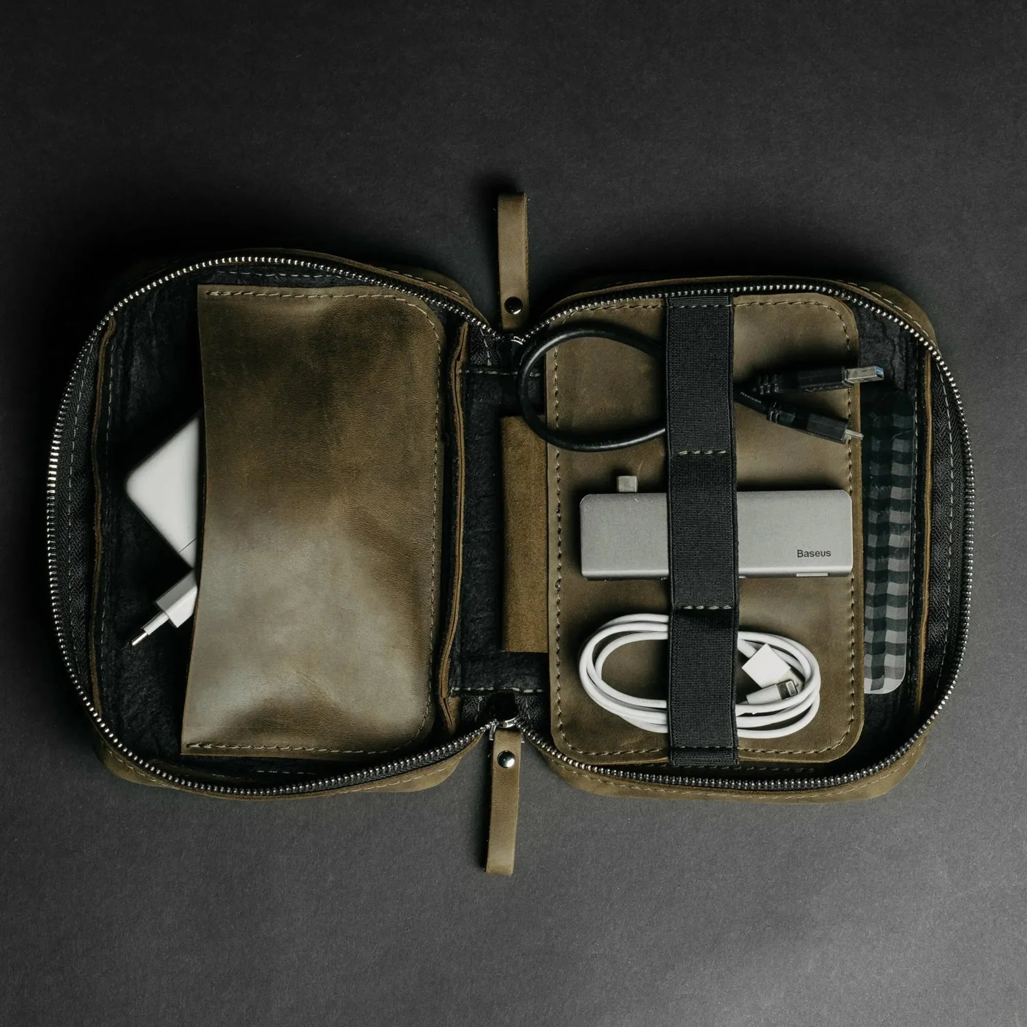 Organizer for Cables & Tech with Zip Closure | Olive Green - Skin and Skin
