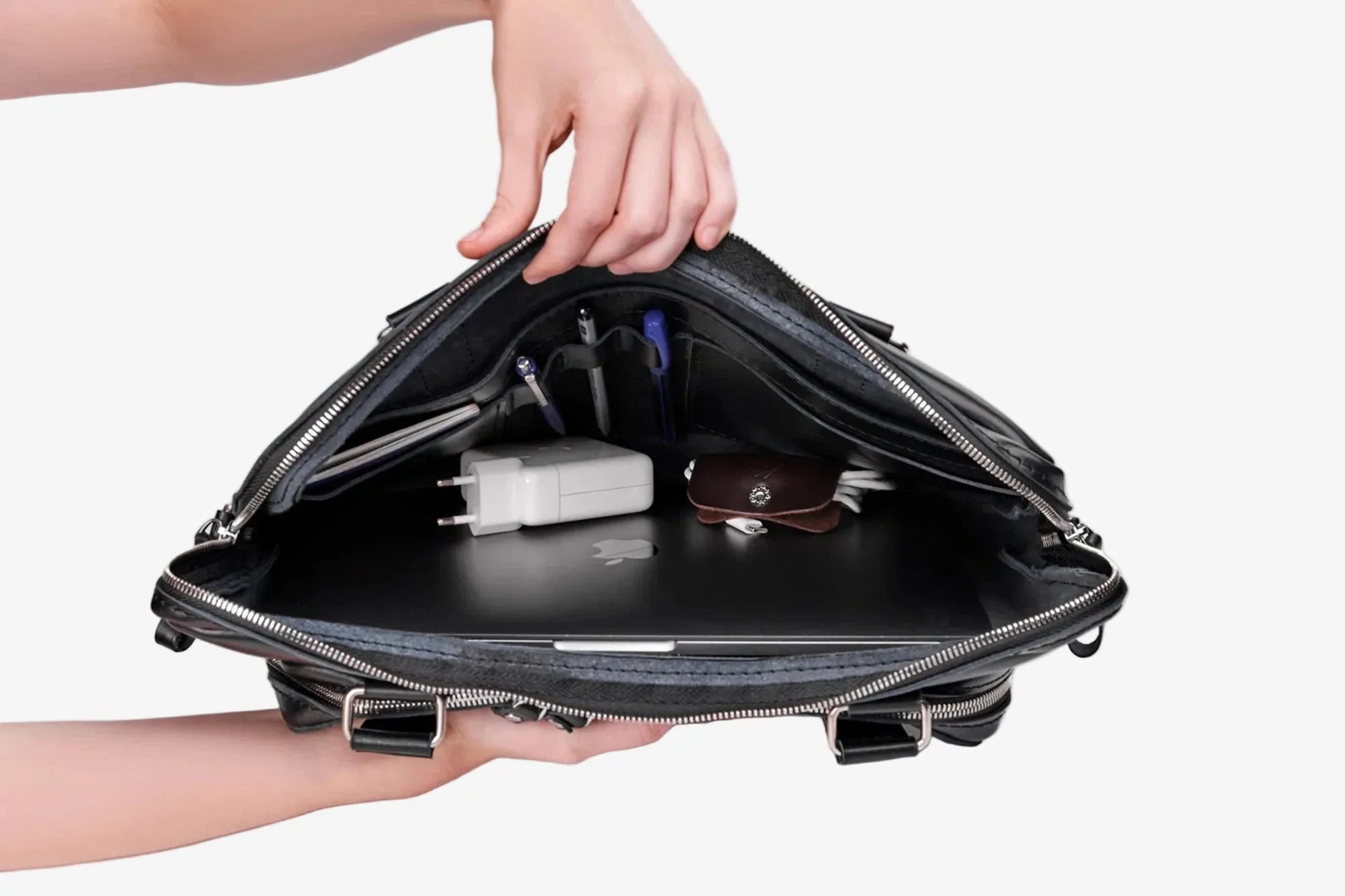 Leather Laptop Briefcase with Organizer | Smooth Black - Skin and Skin