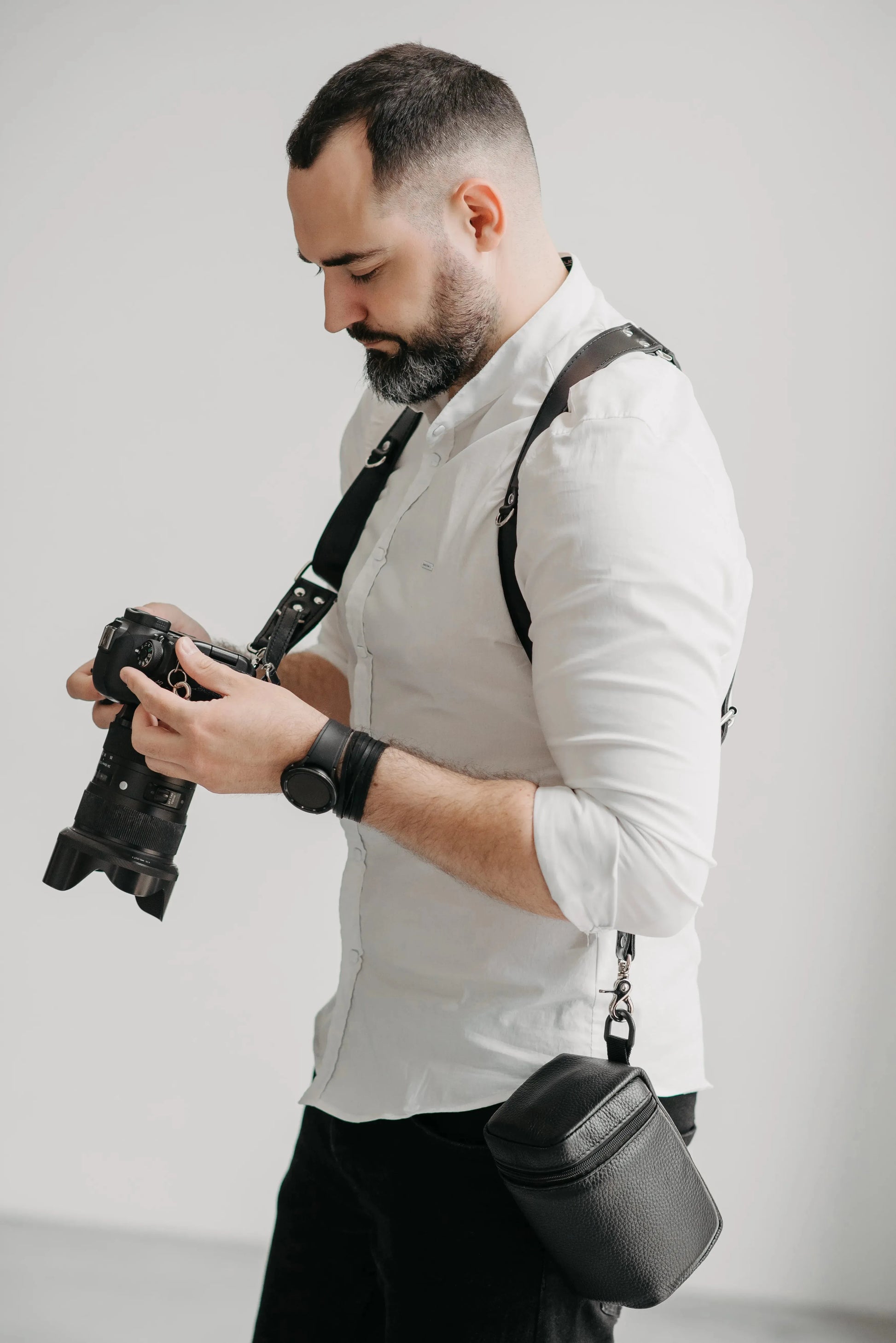 Leather Double Camera Harness | Black - Skin and Skin