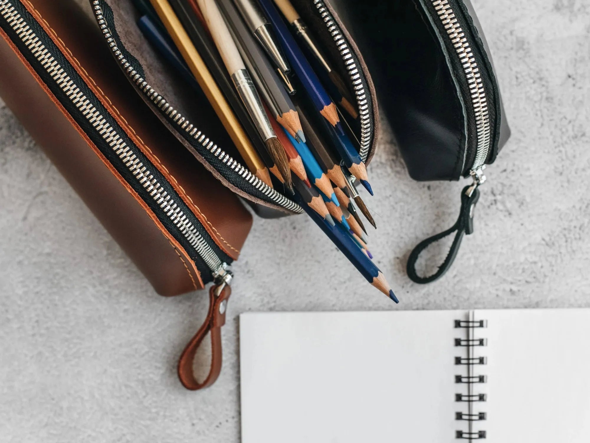 Zippered Leather Pencil Case | Smooth Black - Skin and Skin