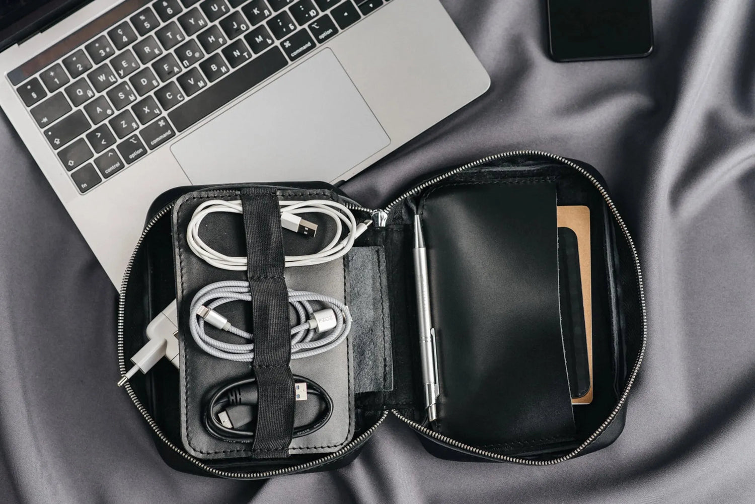 Zippered Leather Organizer for Cables and Tech | Black - Skin and Skin
