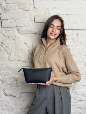 Full grain Leather Makeup Bag - Allure | Matte Black - Skin and Skin