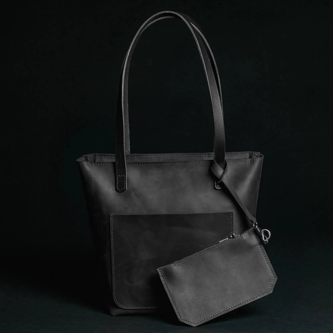 Distressed Leather Tote with pouch | Black - Skin and Skin