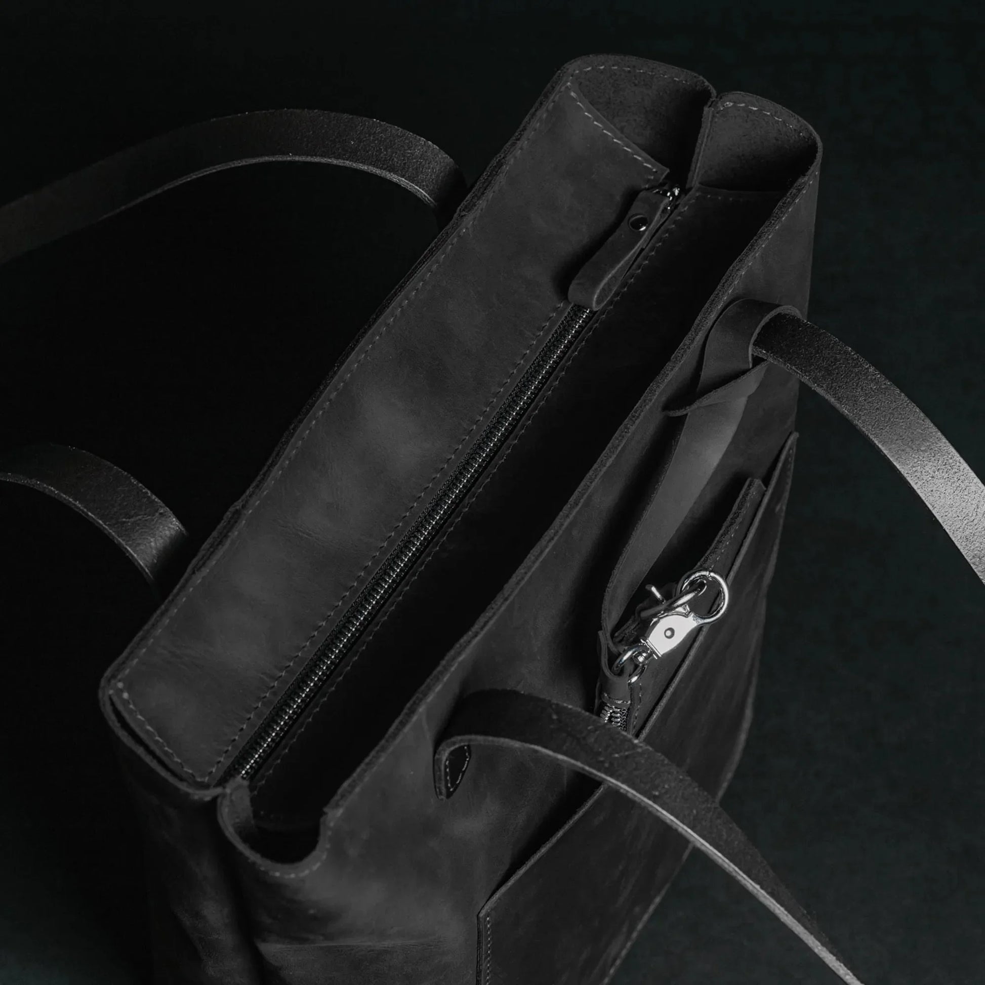 Distressed Leather Tote with pouch | Black - Skin and Skin