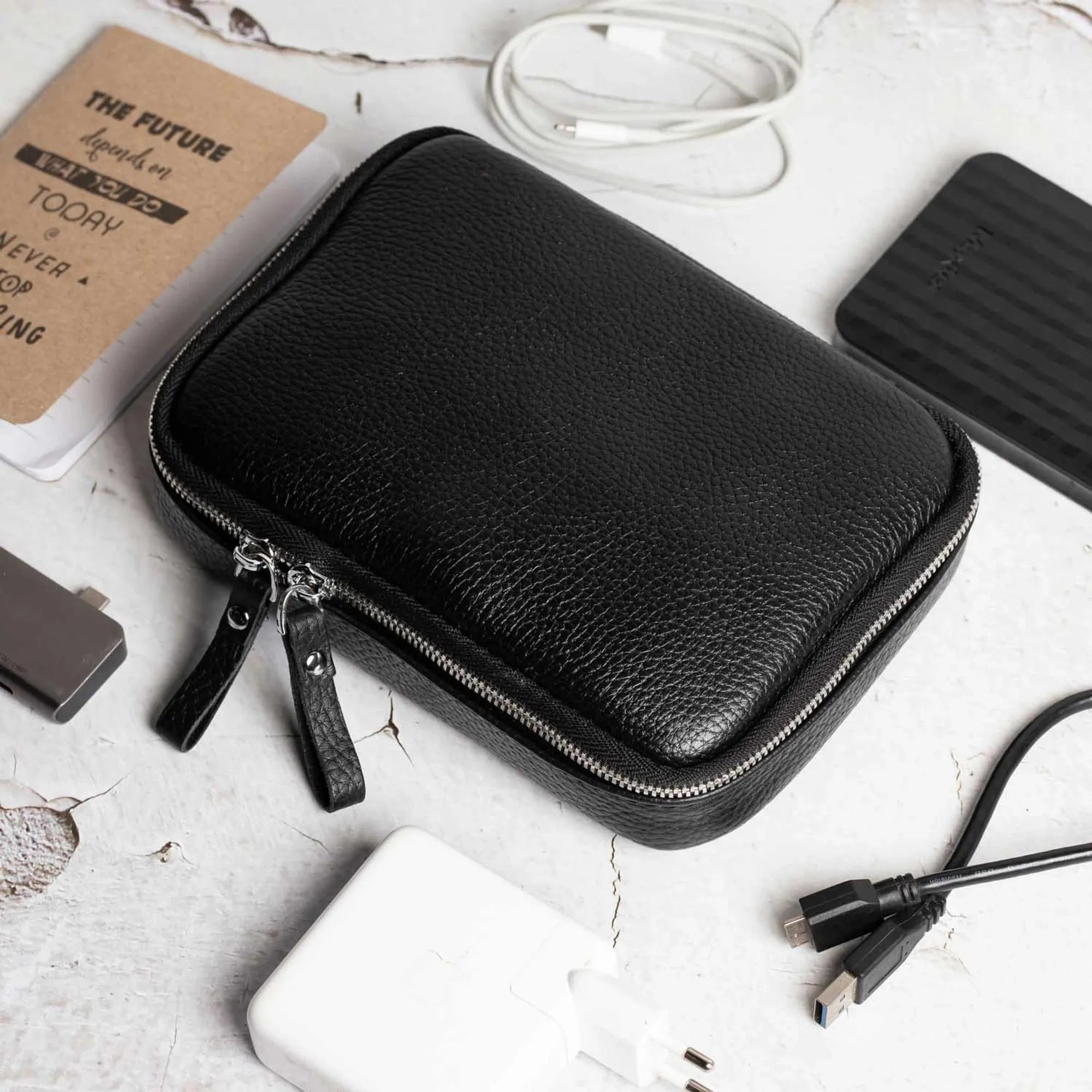 Leather Tech Organizer for Daily Use | Grainy Black - Skin and Skin