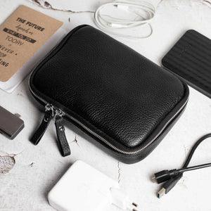 Leather Tech Organizer for Daily Use | Grainy Black - Skin and Skin