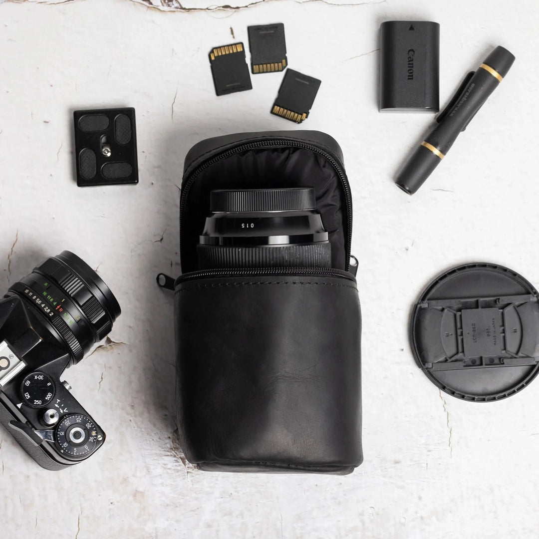 Distressed Leather Camera Lens Pouch | Black - Skin and Skin