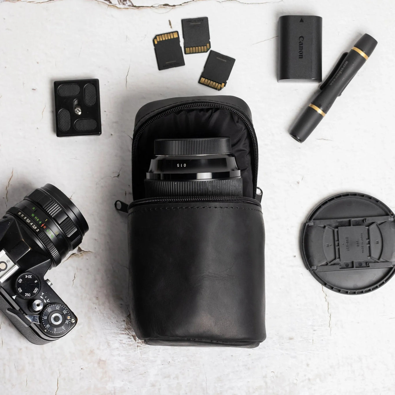 Distressed Leather Camera Lens Pouch | Black - Skin and Skin