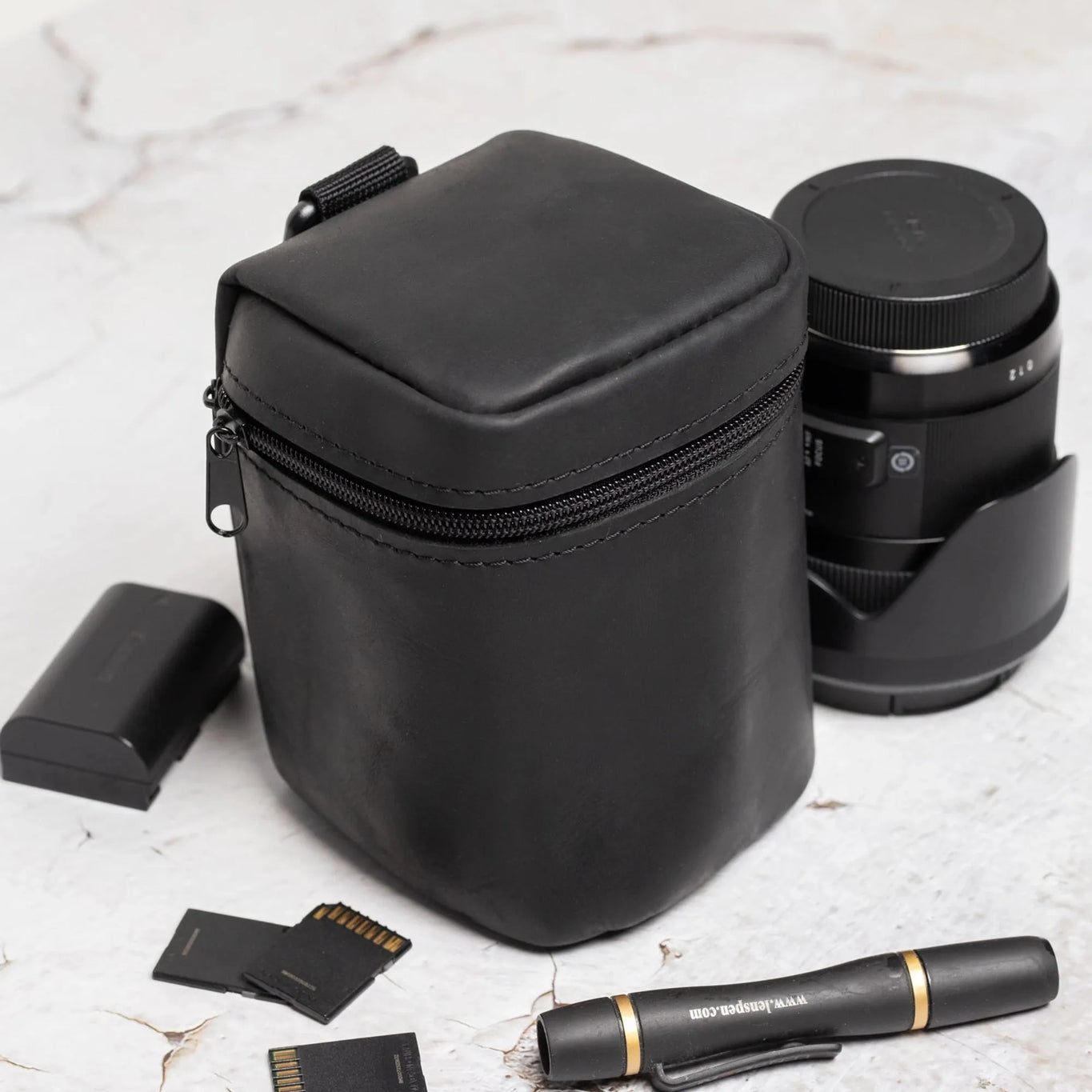 Distressed Leather Camera Lens Pouch | Black - Skin and Skin