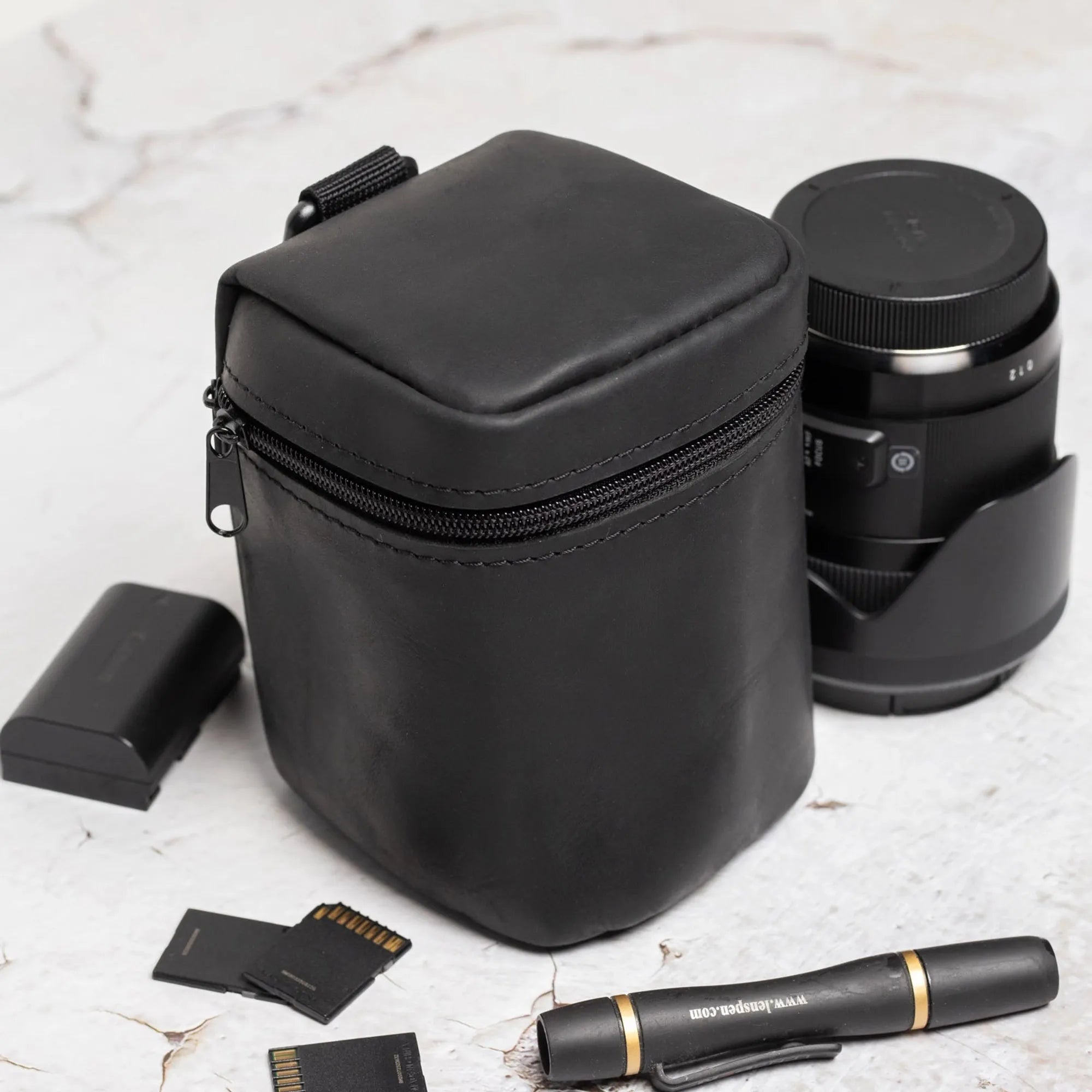 Distressed Leather Camera Lens Pouch | Black - Skin and Skin