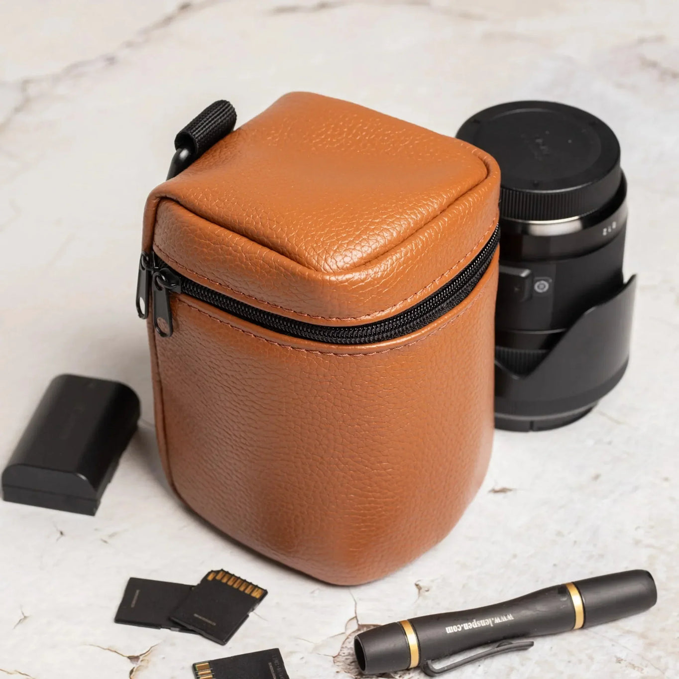 Full-Grain Leather Camera Lens Case | Cognac - Skin and Skin