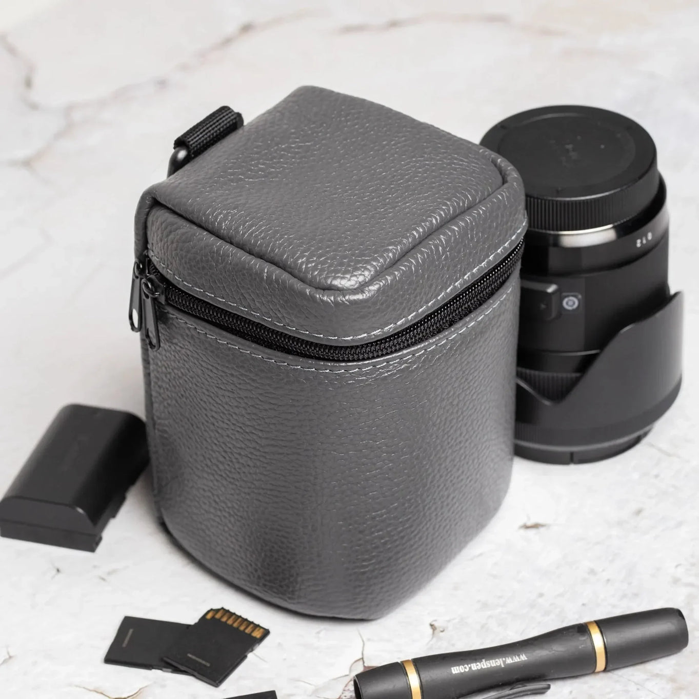 Full-Grain Leather Camera Lens Case | Smoky Grey - Skin and Skin