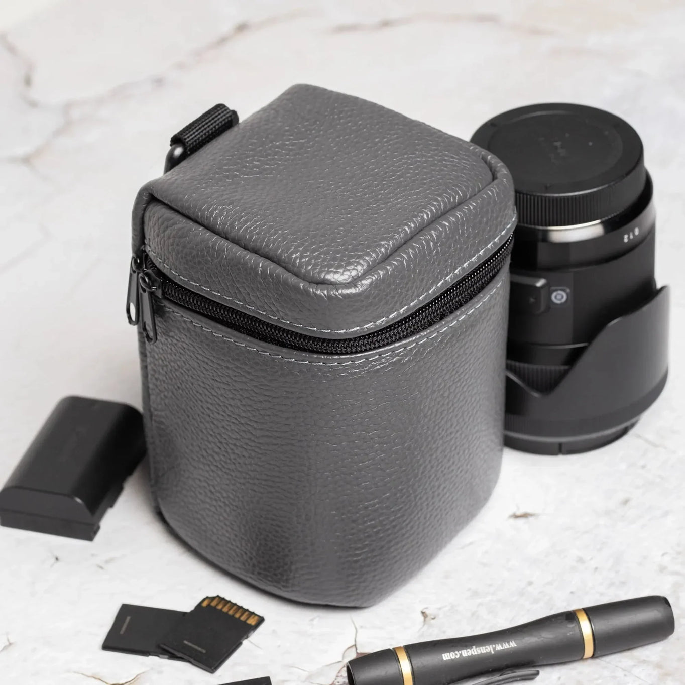 Full-Grain Leather Camera Lens Case | Smoky Grey - Skin and Skin