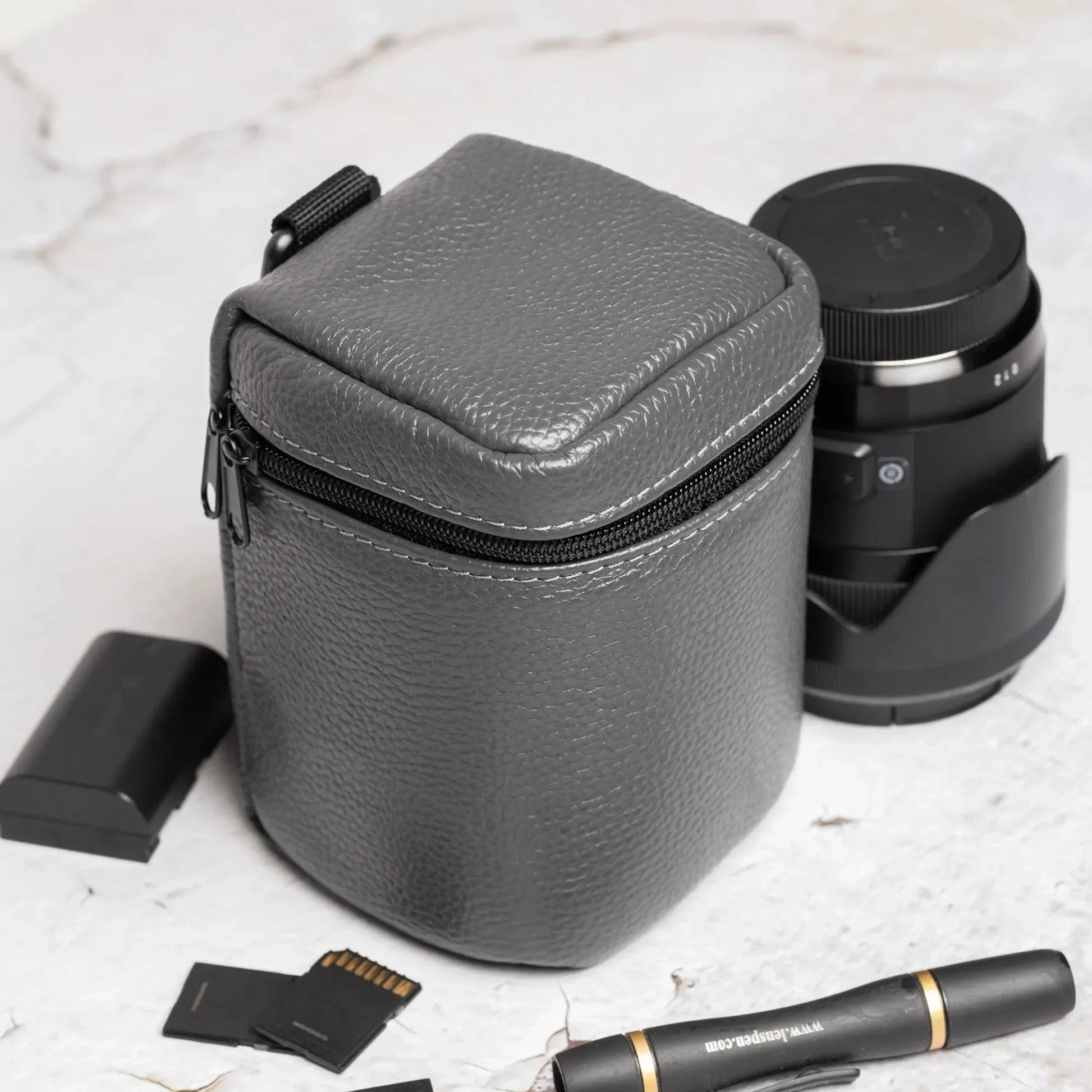 Full-Grain Leather Camera Lens Case | Smoky Grey - Skin and Skin