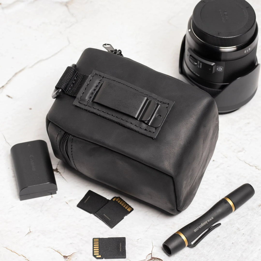 Distressed Leather Camera Lens Pouch | Black - Skin and Skin