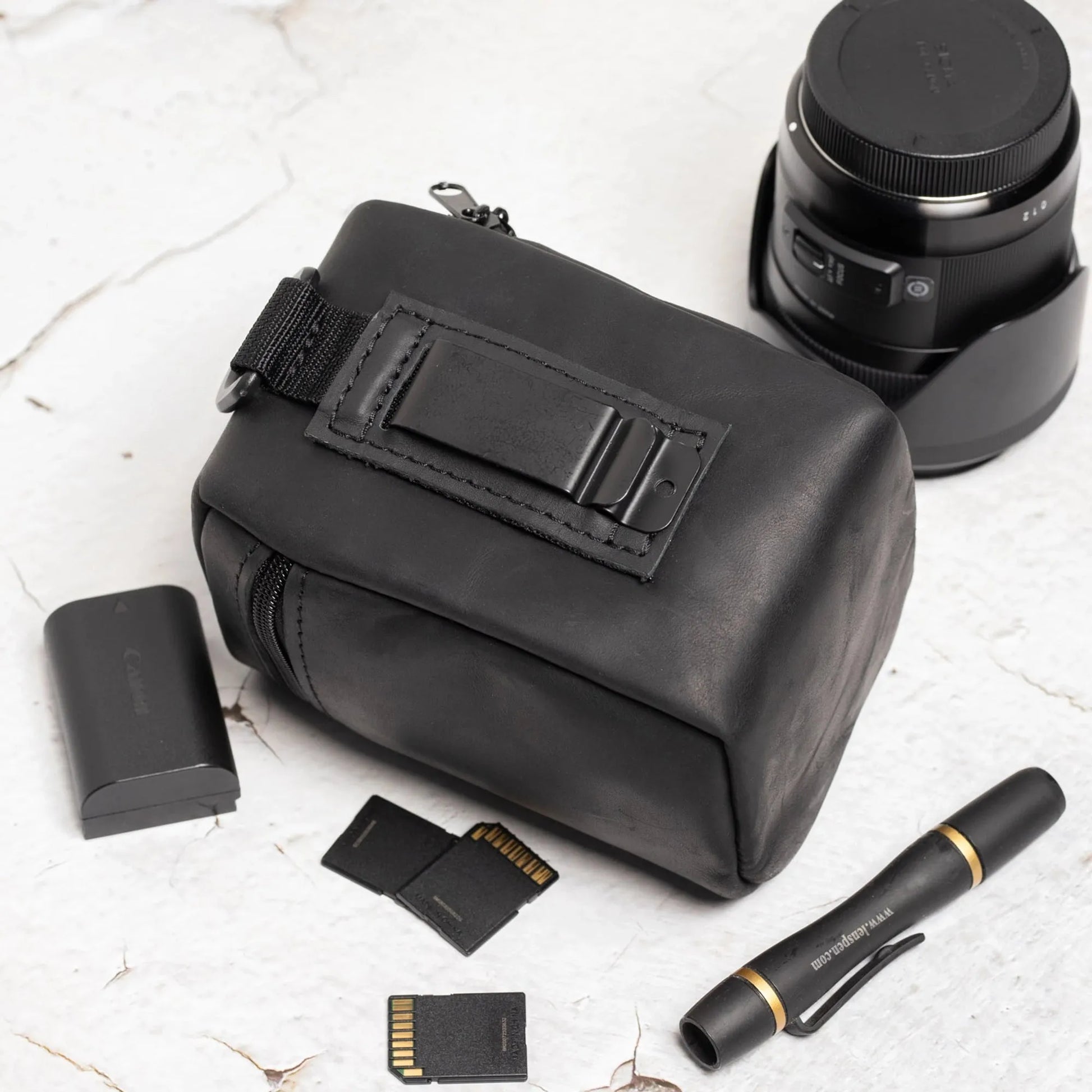 Distressed Leather Camera Lens Pouch | Black - Skin and Skin