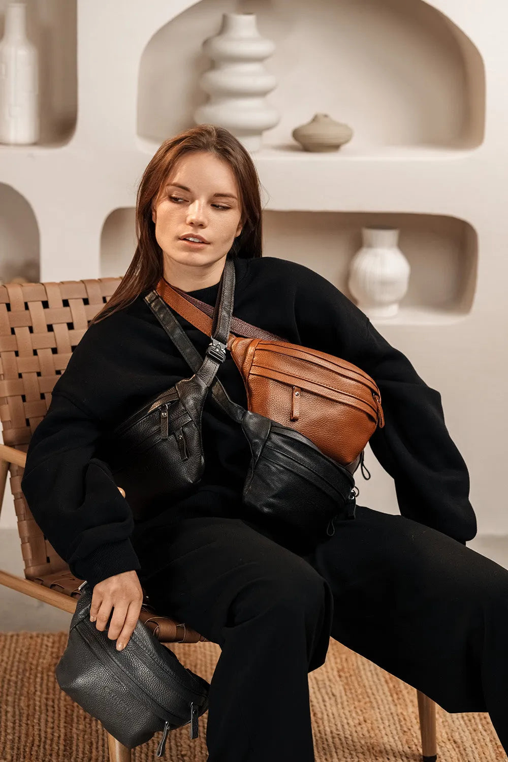 Leather Waist Bag with Zipper | Grainy Black - Skin and Skin