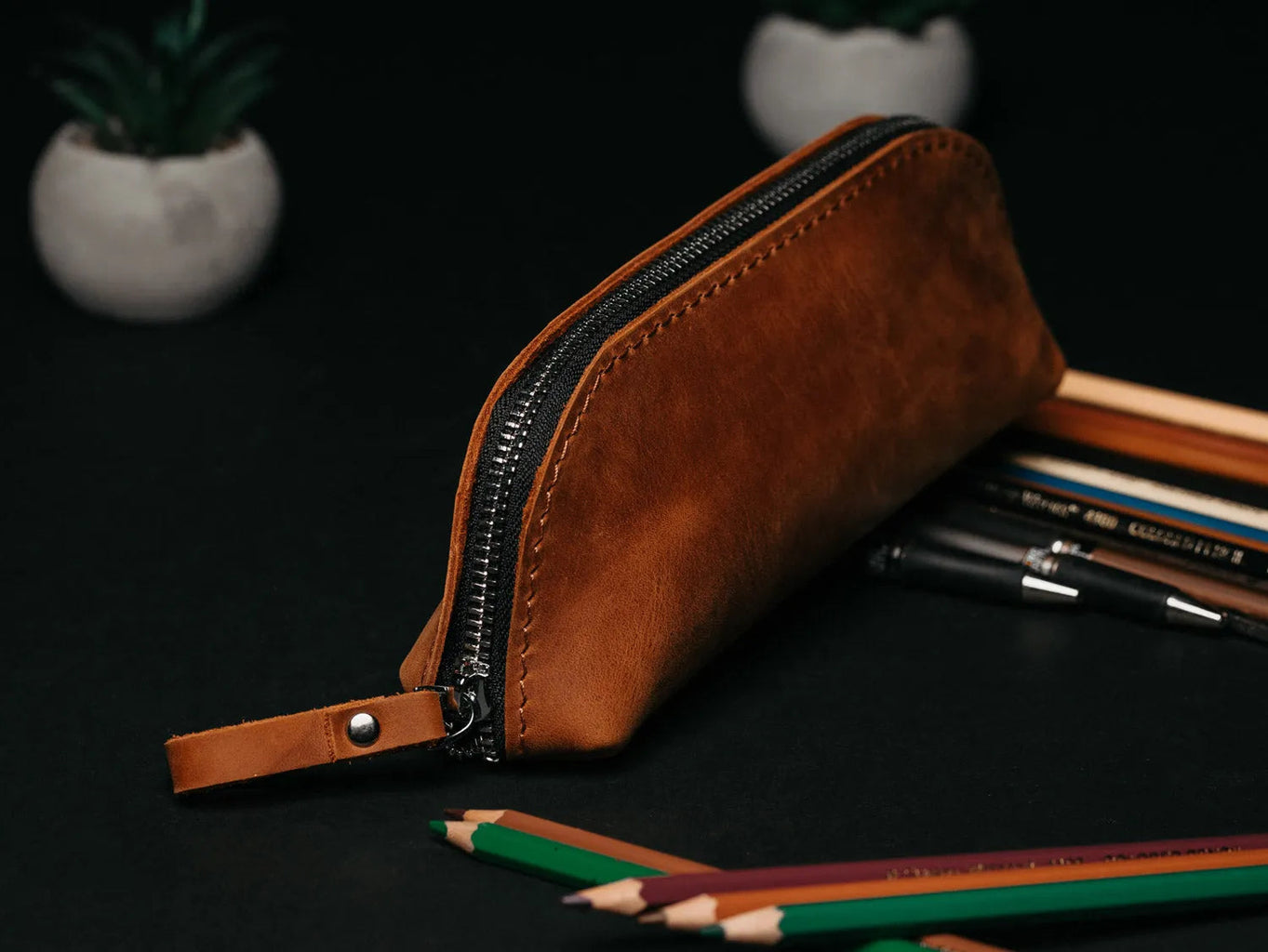 Zippered Leather Pencil Case | Matte Cognac - Skin and Skin