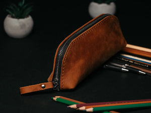 Zippered Leather Pencil Case | Matte Cognac - Skin and Skin