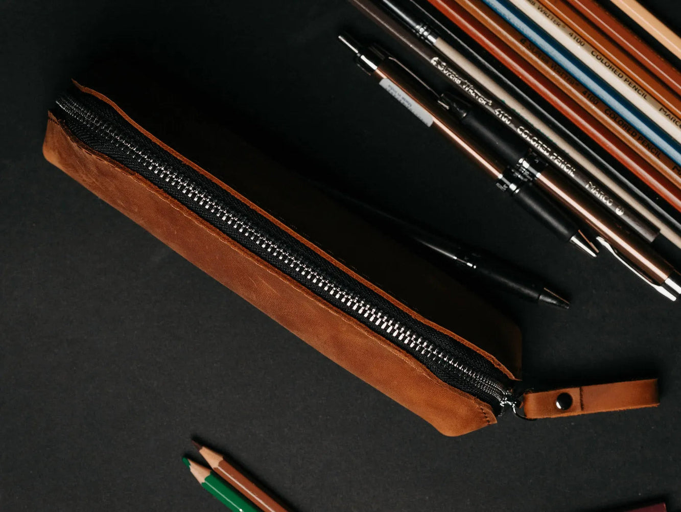 Zippered Leather Pencil Case | Matte Cognac - Skin and Skin