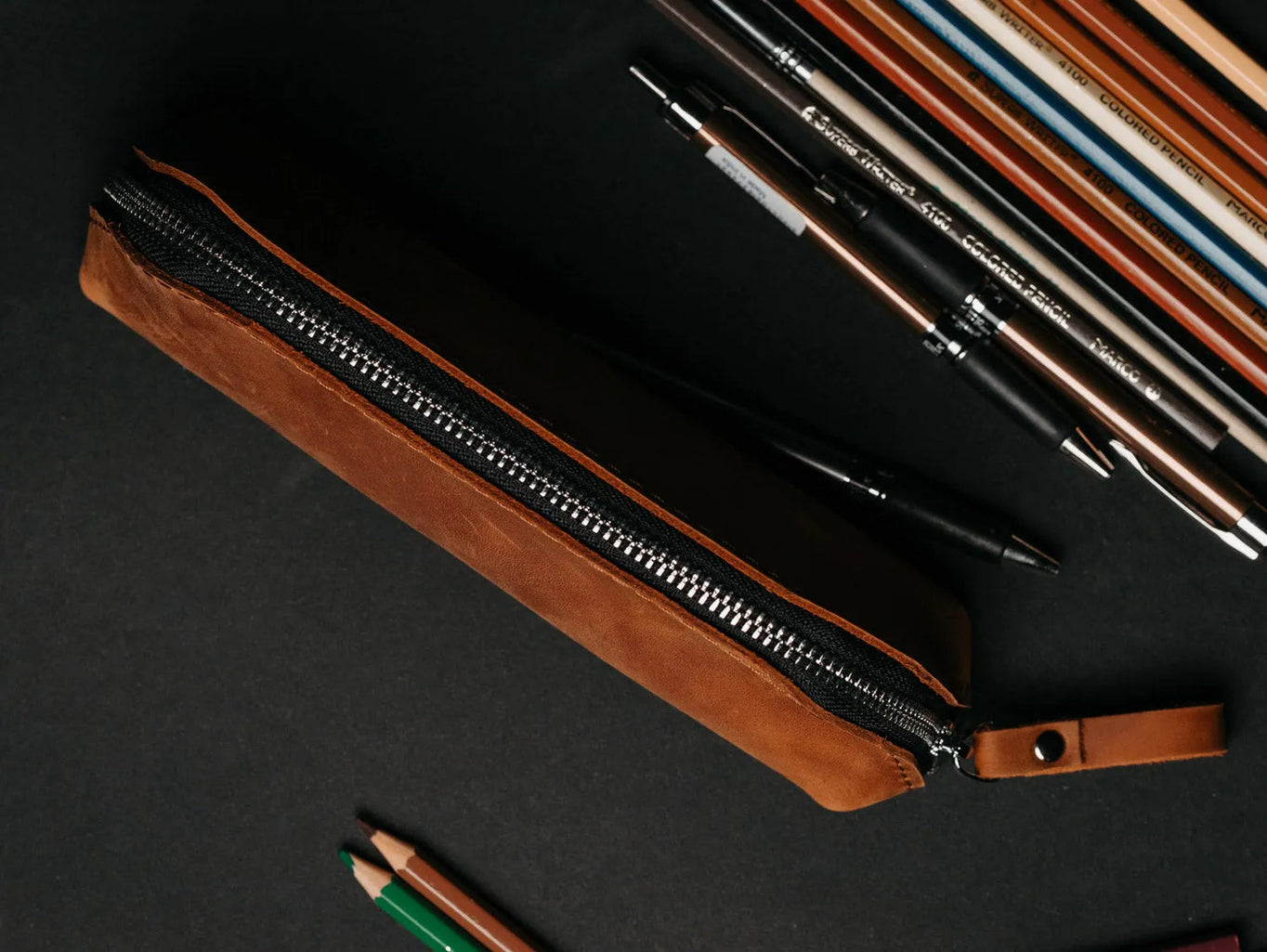 Zippered Leather Pencil Case | Matte Cognac - Skin and Skin