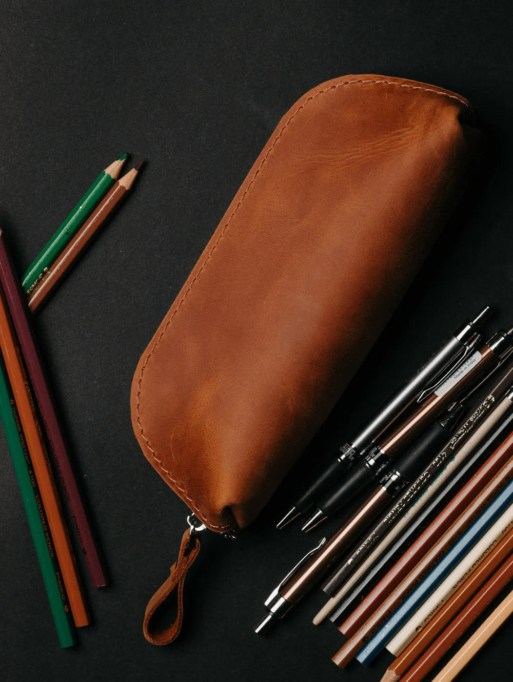 Zippered Leather Pencil Case | Matte Cognac - Skin and Skin
