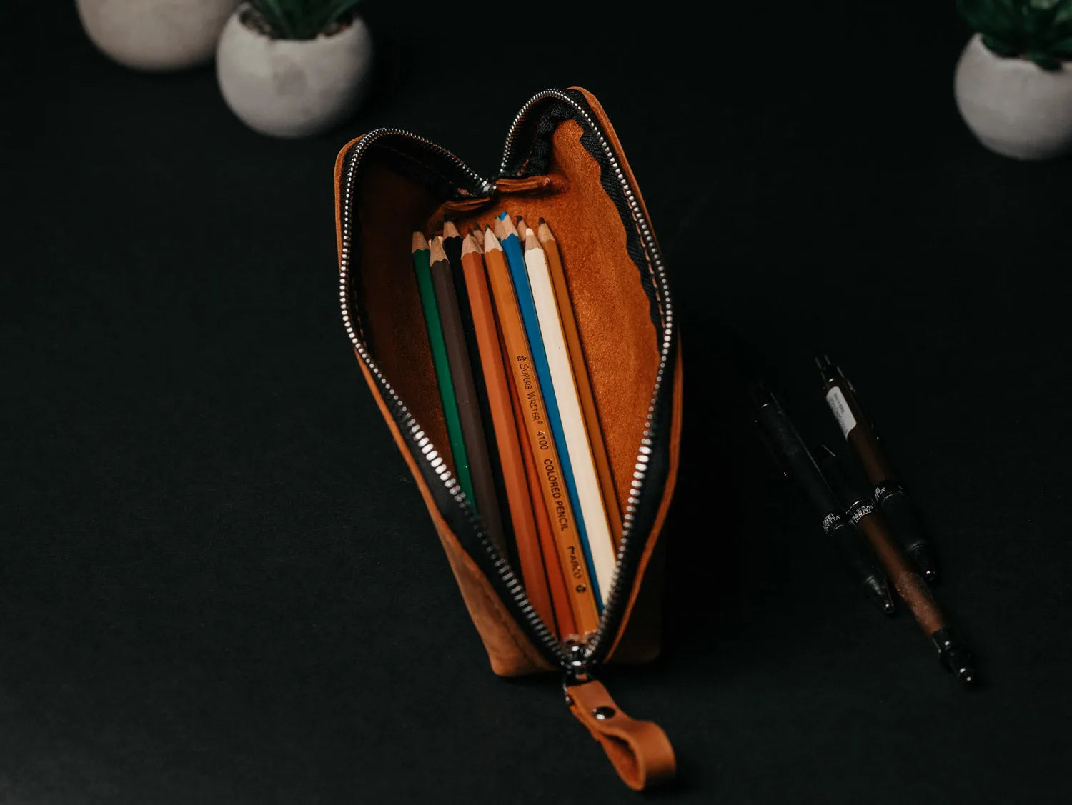 Zippered Leather Pencil Case | Matte Cognac - Skin and Skin
